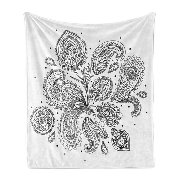 Ethnic Soft Flannel Fleece Blanket, Eastern Inspired Various Ornamental Patterns Circles Lines Monochrome Image Print, Cozy Plush for Indoor and Outdoor Use, 60" x 80", White Black, by Ambesonne