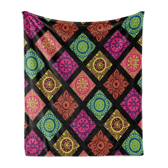 Ethnic Soft Flannel Fleece Blanket, Flower Mandala Tiles in Lively Colored Frames Hand-drawn Style on Black Background, Cozy Plush for Indoor and Outdoor Use, 50" x 70", Multicolor, by Ambesonne