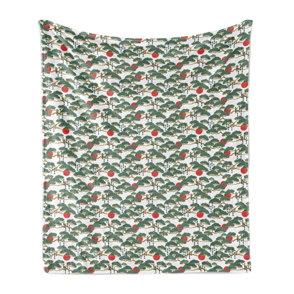 Ethnic Soft Flannel Fleece Blanket, Japanese Pattern of Bonsai and Sun Oriental Cultural Elements of Asia, Cozy Plush for Indoor and Outdoor Use, 70" x 90", Army Green and Vermilion, by Ambesonne