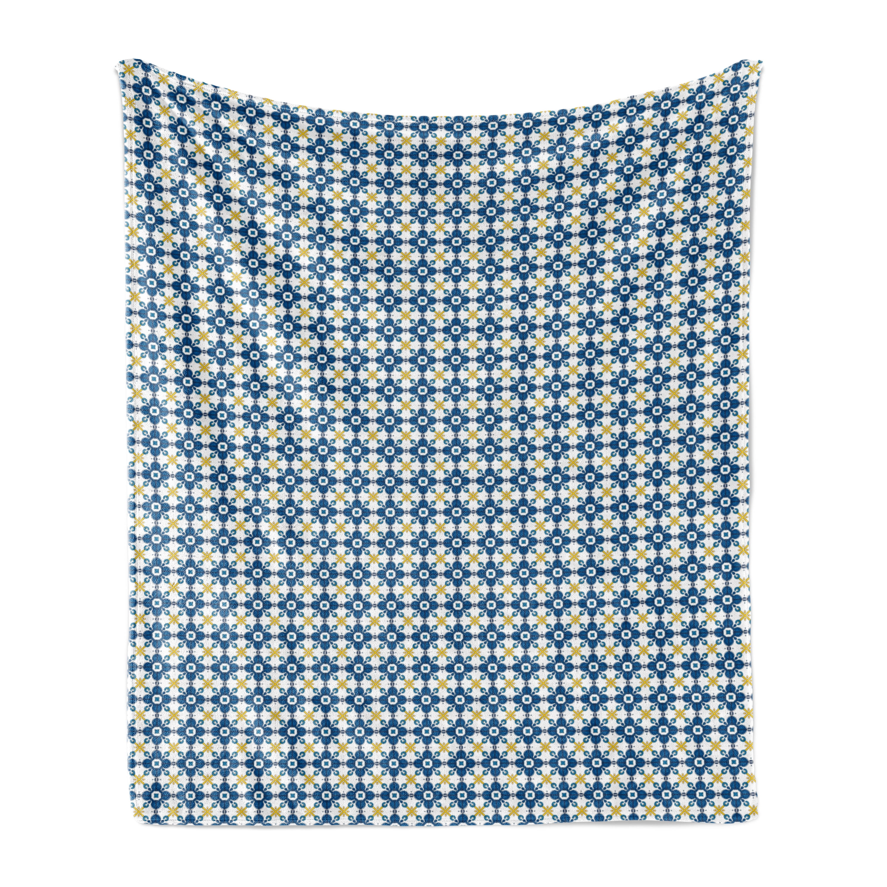 Ethnic Soft Flannel Fleece Blanket, Tile Illustration in Traditional Style Portuguese Azulejo