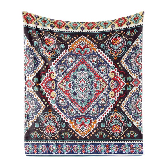 Ethnic Soft Flannel Fleece Blanket, Vibrant Vintage Framework Bohemian Curvy Ornate Borders Symmetric Cultural Colorful, Cozy Plush for Indoor and Outdoor Use, 50" x 60", Multicolor, by Ambesonne