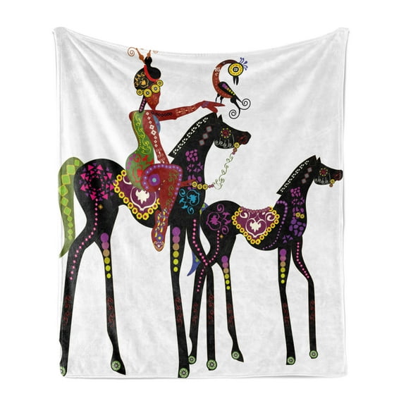 Ethnic Soft Flannel Fleece Throw Blanket, Abstract Design of a Woman on a Horse with a Bird Animal Fun Image, Cozy Plush for Indoor and Outdoor Use, 50" x 60", Multicolor, by Ambesonne