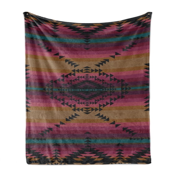 Ethnic Soft Flannel Fleece Throw Blanket, Abstract Geometrical Cultural Tribal Triangles on Colorful Stripes Folk Pattern, Cozy Plush for Indoor and Outdoor Use, 50" x 60", Multicolor, by Ambesonne