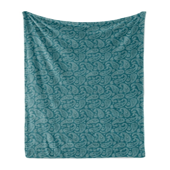Ethnic Soft Flannel Fleece Throw Blanket, Abstract Leaves with Curved Lines Oriental Culture Bohemian, Cozy Plush for Indoor and Outdoor Use, 50" x 60", Petrol Blue Pale Grey, by Ambesonne