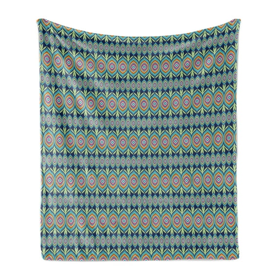 Ethnic Soft Flannel Fleece Throw Blanket, Abstract Shapes with Colorful Lines and Green Leaf Motifs on Blue Background, Cozy Plush for Indoor and Outdoor Use, 60" x 80", Multicolor, by Ambesonne