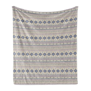 Ethnic Soft Flannel Fleece Throw Blanket, Antique Detailed Borders National Cultural Ornament Pattern, Cozy Plush for Indoor and Outdoor Use, 70" x 90", Eggshell and Blue, by Ambesonne