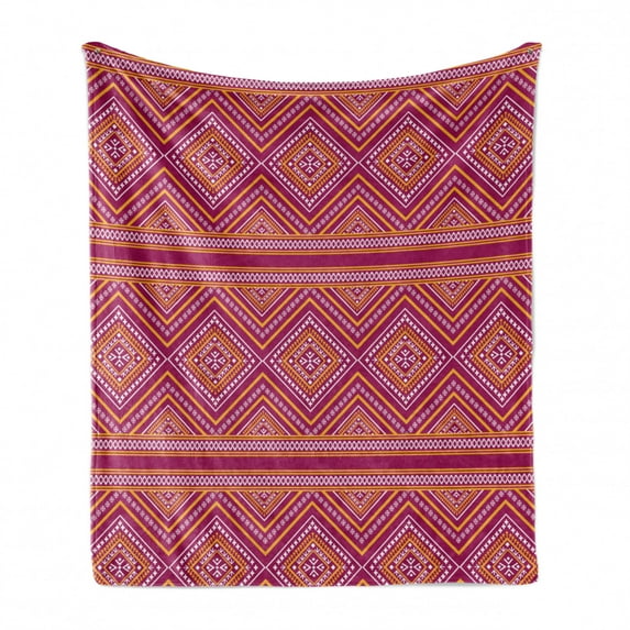 Ethnic Soft Flannel Fleece Throw Blanket, Bi-color Design Geometrical Ornamental Traditional Motif Folk Art, Cozy Plush for Indoor and Outdoor Use, 50" x 70", Dark Magenta Marigold, by Ambesonne