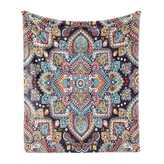 Ethnic Soft Flannel Fleece Throw Blanket, Bohemian Style Motif Vintage Oriental Inspired Traditional Art, Cozy Plush for Indoor and Outdoor Use, 70" x 90", Multicolor, by Ambesonne