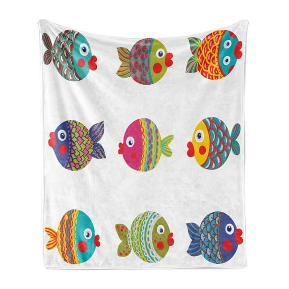 Ethnic Soft Flannel Fleece Throw Blanket, Boho Featured Ornate Fishes Gills Under the Sea Childish Kids Nursery Theme, Cozy Plush for Indoor and Outdoor Use, 50" x 60", Multicolor, by Ambesonne