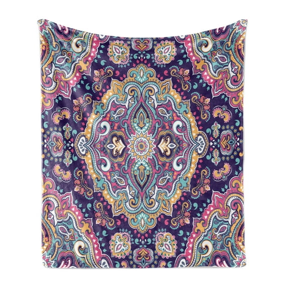 Ethnic Soft Flannel Fleece Throw Blanket, Boho Style Mandala Colorful Spring Garden Themed Old Fashioned Tile, Cozy Plush for Indoor and Outdoor Use, 50" x 70", Multicolor, by Ambesonne