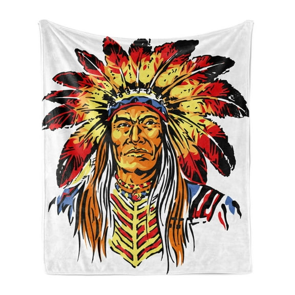 Ethnic Soft Flannel Fleece Throw Blanket, Chief in Vibrant Color Palette Hand Drawn Style Indigenous Cultures, Cozy Plush for Indoor and Outdoor Use, 50" x 70", Multicolor, by Ambesonne