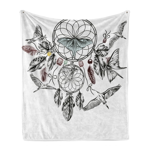 Ethnic Soft Flannel Fleece Throw Blanket, Collect Your Happy Dreams Words with Dreamcatcher and Butterflies Pattern, Cozy Plush for Indoor and Outdoor Use, 50" x 60", Multicolor, by Ambesonne