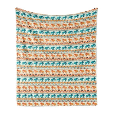 Ethnic Soft Flannel Fleece Throw Blanket, Colorful Native Composition with Geometric Borders and Elephants Design, Cozy Plush for Indoor and Outdoor Use, 50" x 60", Multicolor, by Ambesonne