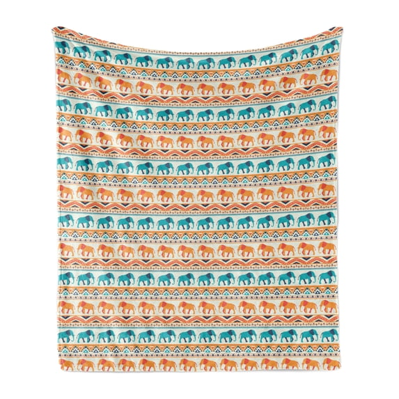 Ethnic Soft Flannel Fleece Throw Blanket, Colorful Native Composition with Geometric Borders and Elephants Design, Cozy Plush for Indoor and Outdoor Use, 50" x 60", Multicolor, by Ambesonne