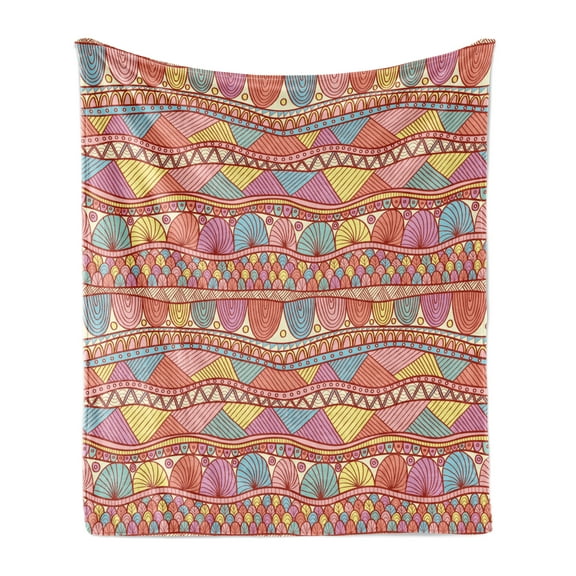 Ethnic Soft Flannel Fleece Throw Blanket, Colorful Pattern Swirls Striped Abstract Hand Drawn Artwork, Cozy Plush for Indoor and Outdoor Use, 70" x 90", Multicolor, by Ambesonne