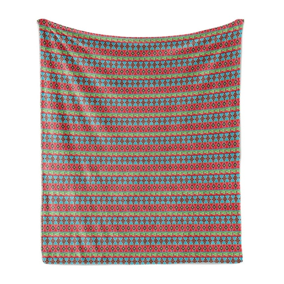 Ethnic Soft Flannel Fleece Throw Blanket, Continuous Demonstration of Colorful and Ethnic Motifs on Horizontal Strips, Cozy Plush for Indoor and Outdoor Use, 50" x 70", Multicolor, by Ambesonne