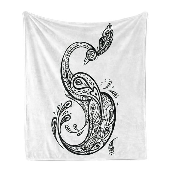 Ethnic Soft Flannel Fleece Throw Blanket, Curved Peacock with Leaves Culture Exotic Bird Beauty, Cozy Plush for Indoor and Outdoor Use, 70" x 90", White and Black, by Ambesonne