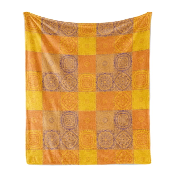 Ethnic Soft Flannel Fleece Throw Blanket, Design Patchwork Style Squares in Oriental Pattern Print, Cozy Plush for Indoor and Outdoor Use, 50" x 70", Orange Violet, by Ambesonne