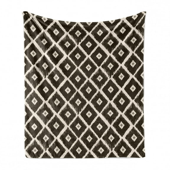 Ethnic Soft Flannel Fleece Throw Blanket, Diamond Rhombus Shaped Abstract Folkloric Historical Culture, Cozy Plush for Indoor and Outdoor Use, 50" x 70", Dark Brown Cream, by Ambesonne