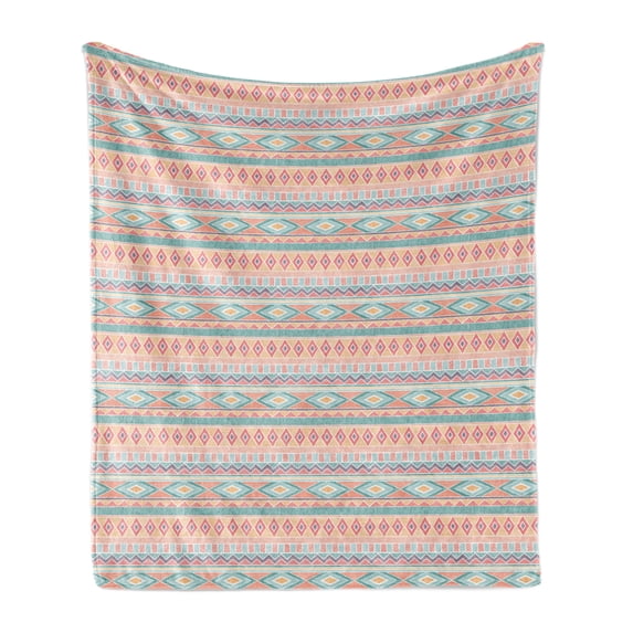 Ethnic Soft Flannel Fleece Throw Blanket, Dotwork Pattern with Abstract Repetitive Tribal, Cozy Plush for Indoor and Outdoor Use, 50" x 70", Peach Multicolor, by Ambesonne