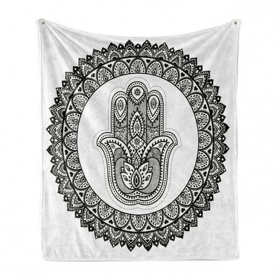 Ethnic Soft Flannel Fleece Throw Blanket, Eastern Oriental Hand Tattoo Mandala Floral Work of Art Print Illustration, Cozy Plush for Indoor and Outdoor Use, 60" x 80", White Black, by Ambesonne