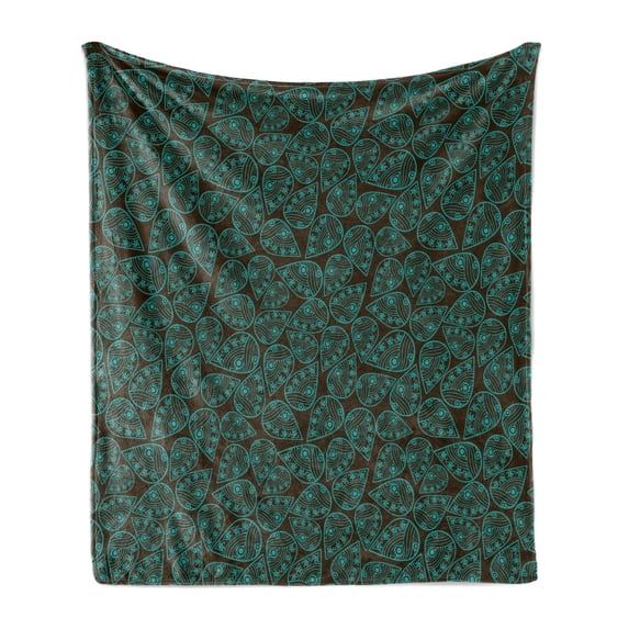 Ethnic Soft Flannel Fleece Throw Blanket, Eastern Style Leaf Pattern with Traditional Folk Feng Shui Concept, Cozy Plush for Indoor and Outdoor Use, 70" x 90", Seal Brown Turquoise, by Ambesonne