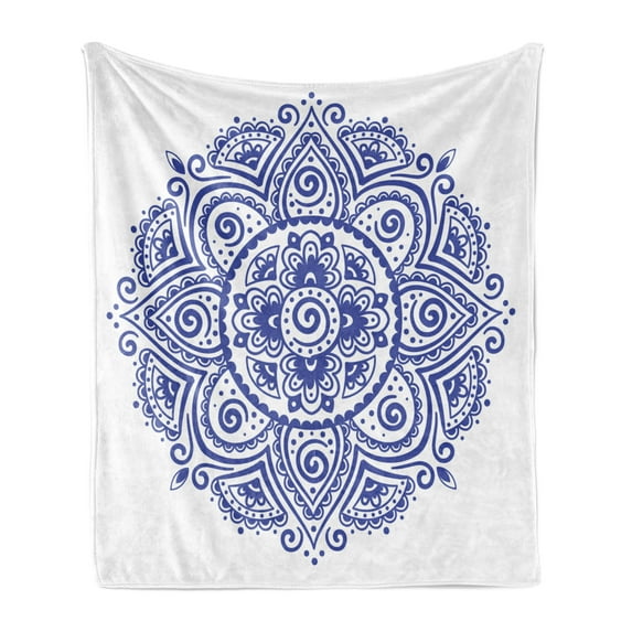 Ethnic Soft Flannel Fleece Throw Blanket, Floral Mandala Ornament Style Oriental Embellishing Print, Cozy Plush for Indoor and Outdoor Use, 50" x 60", Blue White, by Ambesonne