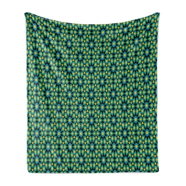 Ethnic Soft Flannel Fleece Throw Blanket, Floral Motif Ornamental Geometric Petals Timeless Oriental Pattern, Cozy Plush for Indoor and Outdoor Use, 70" x 90", Yellow Teal and Blue, by Ambesonne