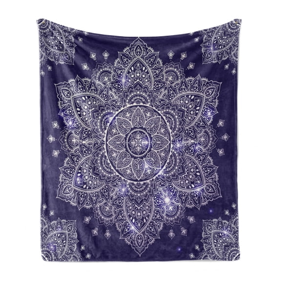 Ethnic Soft Flannel Fleece Throw Blanket, Floral Ornament Round Mandala Paisley Inspired Retro Style, Cozy Plush for Indoor and Outdoor Use, 50" x 70", Lavender Blue Indigo, by Ambesonne