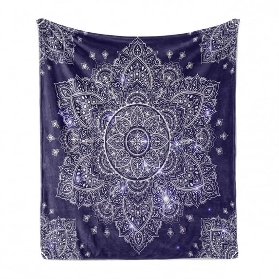 Ethnic Soft Flannel Fleece Throw Blanket, Floral Ornament Round Mandala Paisley Inspired Retro Style, Cozy Plush for Indoor and Outdoor Use, 50" x 70", Lavender Blue Indigo, by Ambesonne