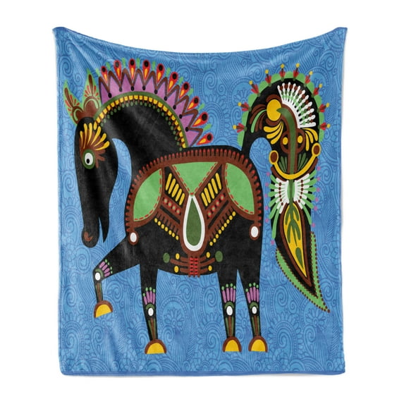 Ethnic Soft Flannel Fleece Throw Blanket, Folkloric Horse Animal with Tradition Ukraine Culture Ornament Boho Graphic, Cozy Plush for Indoor and Outdoor Use, 70" x 90", Multicolor, by Ambesonne