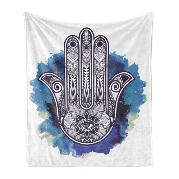 Ethnic Soft Flannel Fleece Throw Blanket, Folkloric Motif Creative Art Cultures on a Watercolor Splash Print, Cozy Plush for Indoor and Outdoor Use, 50" x 60", Dark Purple Blue, by Ambesonne