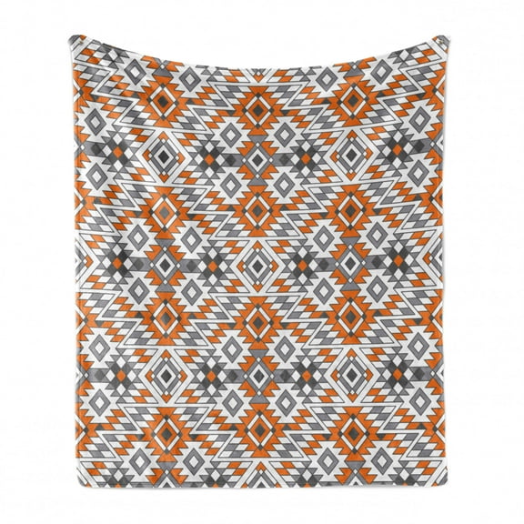 Ethnic Soft Flannel Fleece Throw Blanket, Folkloric Pattern with Zigzags and Geometrical Details Design Repetition, Cozy Plush for Indoor and Outdoor Use, 70" x 90", Orange Dimgray Grey, by Ambesonne