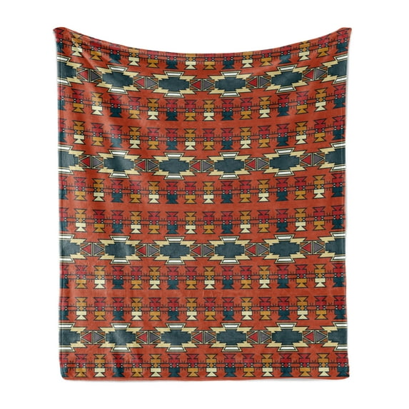 Ethnic Soft Flannel Fleece Throw Blanket, Geometric Boho Pattern with Culture Abstract Shapes Print, Cozy Plush for Indoor and Outdoor Use, 50" x 70", Cinnamon and Multicolour, by Ambesonne