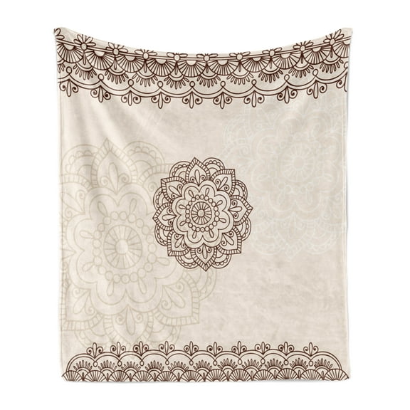 Ethnic Soft Flannel Fleece Throw Blanket, Geometrical Design with Swirls Lines Abstract Flower in Middle Inspirations, Cozy Plush for Indoor and Outdoor Use, 70" x 90", Beige Brown, by Ambesonne