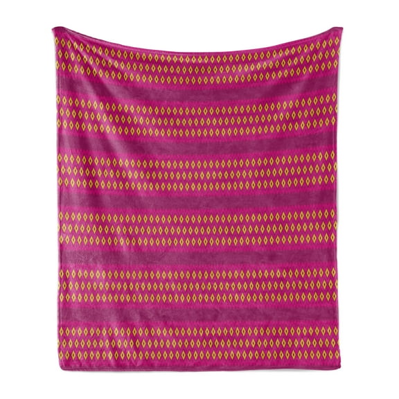 Ethnic Soft Flannel Fleece Throw Blanket, Geometrical Pattern with Traditional Design in Pink and Yellow, Cozy Plush for Indoor and Outdoor Use, 50" x 60", Magenta Hot Pink Yellow, by Ambesonne