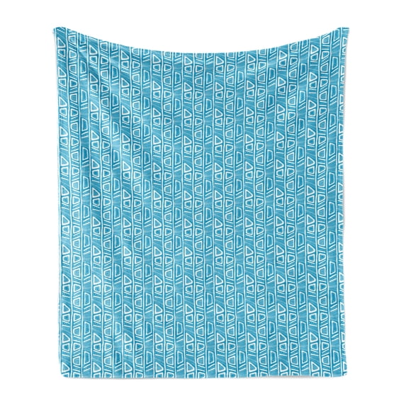 Ethnic Soft Flannel Fleece Throw Blanket, Hand Drawn Composition with Vertical Lines Dots and Abstract Geometric Shapes, Cozy Plush for Indoor and Outdoor Use, 50" x 60", Blue and White, by Ambesonne
