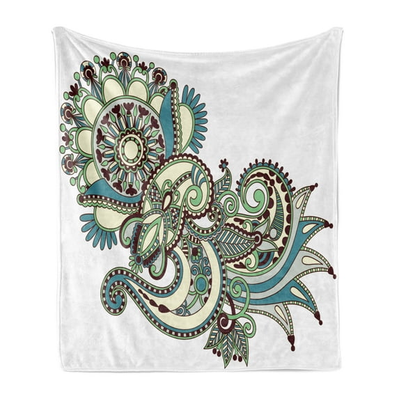 Ethnic Soft Flannel Fleece Throw Blanket, Hand Drawn Traditional Flower Arrangement Ornate Design Vibrant Colors, Cozy Plush for Indoor and Outdoor Use, 60" x 80", Dark Brown Green Blue, by Ambesonne