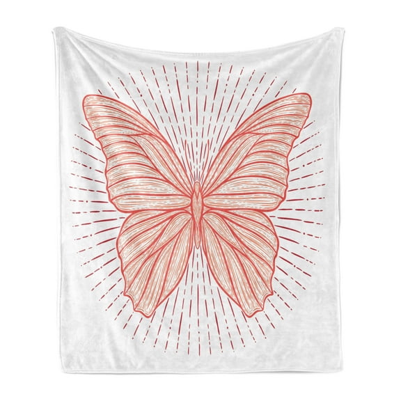 Ethnic Soft Flannel Fleece Throw Blanket, Hand-drawn of a Butterfly on Doodle Retro Sunburst Line Backdrop, Cozy Plush for Indoor and Outdoor Use, 50" x 60", Vermilion Orange Ruby, by Ambesonne