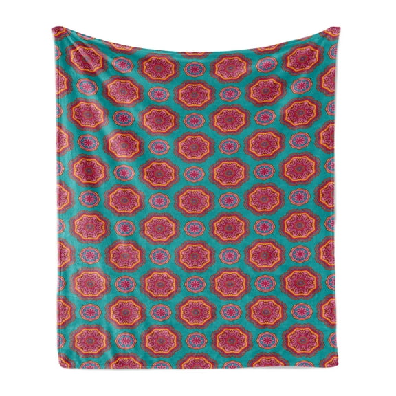 Ethnic Soft Flannel Fleece Throw Blanket, Illustration of Oriental Cosmos Paisley Ottoman Elements, Cozy Plush for Indoor and Outdoor Use, 50" x 70", Teal Orange and Magenta, by Ambesonne