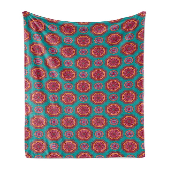 Ethnic Soft Flannel Fleece Throw Blanket, Illustration of Oriental Cosmos Paisley Ottoman Elements, Cozy Plush for Indoor and Outdoor Use, 60" x 80", Teal Orange and Magenta, by Ambesonne
