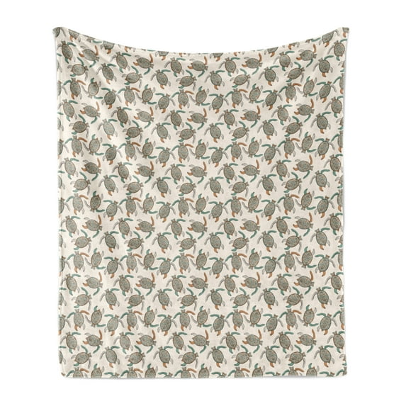 Ethnic Soft Flannel Fleece Throw Blanket, Illustration of Traditional Turtle with Geometric Motifs, Cozy Plush for Indoor and Outdoor Use, 50" x 60", Dark Peach Seafoam, by Ambesonne