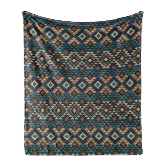 Ethnic Soft Flannel Fleece Throw Blanket, Knitted Jacquard Illustration Texture Image Geometric Style, Cozy Plush for Indoor and Outdoor Use, 60" x 80", Brown and Dark Blue, by Ambesonne