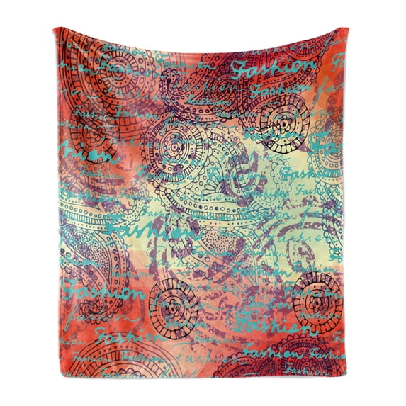 Ethnic Soft Flannel Fleece Throw Blanket, Lettering of Grunge Background Circle Ornamentals Art, Cozy Plush for Indoor and Outdoor Use, 50" x 60", Turquoise Orange Black, by Ambesonne