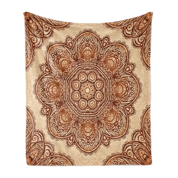 Ethnic Soft Flannel Fleece Throw Blanket, Mandala Style Floral Flower with Abstract Paisley Backdrop Art Print, Cozy Plush for Indoor and Outdoor Use, 60" x 80", Dark Brown Pale Brown, by Ambesonne
