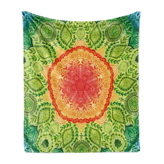 Ethnic Soft Flannel Fleece Throw Blanket, Mandala Tie Dye Effect Design Flower Children Kids Children Inspired, Cozy Plush for Indoor and Outdoor Use, 60" x 80", Yellow Green Blue, by Ambesonne