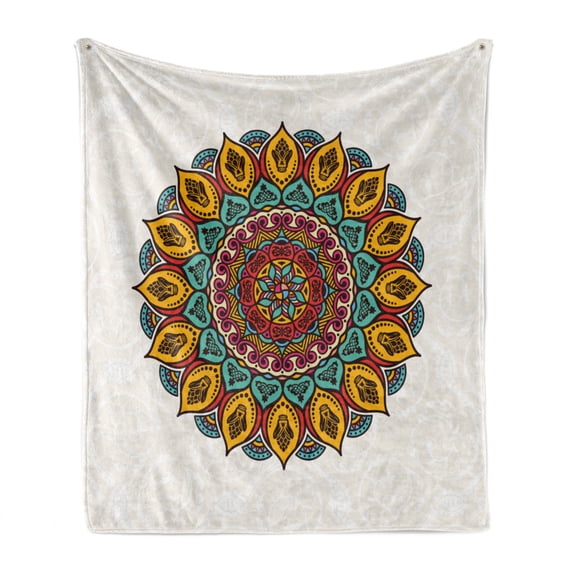 Ethnic Soft Flannel Fleece Throw Blanket, Mandala with Vintage Elements on Victorian Backdrop Motifs Print, Cozy Plush for Indoor and Outdoor Use, 70" x 90", Multicolor, by Ambesonne