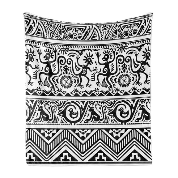 Ethnic Soft Flannel Fleece Throw Blanket, Monkeys Birds Simplistic Animal Motifs Ornaments Petroglyph Theme, Cozy Plush for Indoor and Outdoor Use, 60" x 80", Black White, by Ambesonne