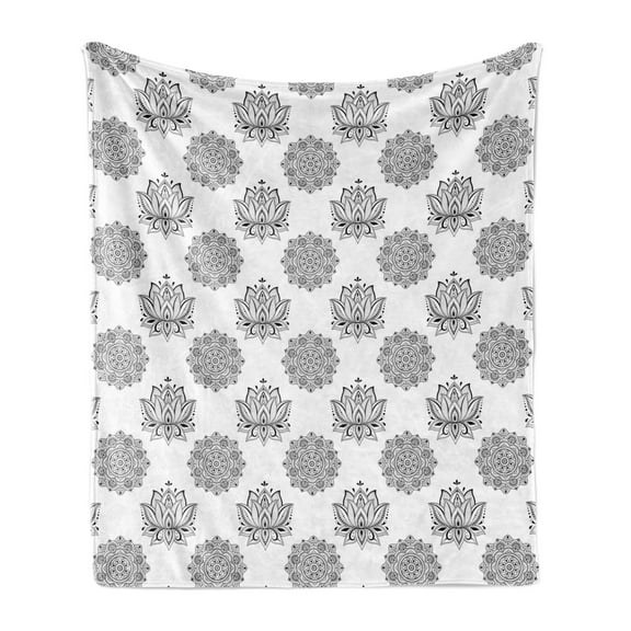Ethnic Soft Flannel Fleece Throw Blanket, Monochrome Design of Lotus Flowers and Eastern Style Mandala Inspired, Cozy Plush for Indoor and Outdoor Use, 50" x 60", Charcoal Grey White, by Ambesonne