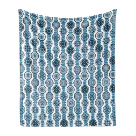 Ethnic Soft Flannel Fleece Throw Blanket, Monochrome Design Medallion Shape Oreitnal Motif in Vertical Order, Cozy Plush for Indoor and Outdoor Use, 60" x 80", Sky Blue Petrol Blue, by Ambesonne